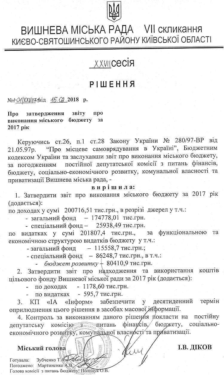 РІШЕННЯ ХХVІI СЕСІЇ VIІ СКЛИКАННЯ від 15.02.2018 року